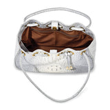 Top Grain Leather Croc Texture Silver-Grey Drawstring Magnetic Snap Handbag with 2 Slip Pockets, 2 Pen Pockets, Key Fob