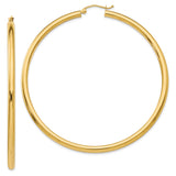 14K 3x65mm Polished Lightweight Tube Hoop Earrings