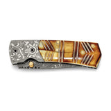 Luxury Giftware Damascus Steel 256 Layer Folding Dyed and Carved Camel Bone Handle Knife with Leather Sheath and Wooden Gift Box