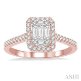 5/8 Ctw Emerald Shape Baguette and Round Cut Diamond Ring in 14K Rose and White Gold