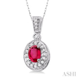 6x4 MM Oval Cut Ruby and 1/8 Ctw Round Cut Diamond Pendant in 14K White Gold with Chain