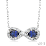4X3 MM Pear Shape Sapphire and 1/10 Ctw Single Cut Diamond Precious Infinite Halo Pendant With Chain in 10K White Gold