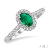6x4 MM Oval Shape Emerald and 1/5 Ctw Single Cut Diamond Precious Ring in 10K White Gold