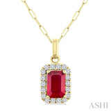 6x4 MM Octagonal Shape Ruby and 1/6 Ctw Round Cut Diamond Halo Precious Pendant with Chain in 10K Yellow Gold