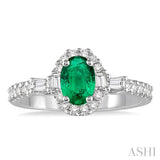 6x4 MM Oval Shape Emerald and 3/8 Ctw Diamond Precious Ring in 14K White Gold