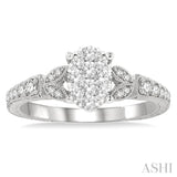 1/2 Ctw Oval Shape Leaf Carved Shank Lovebright Round Cut Diamond Engagement Ring in 14K White Gold