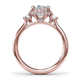 Three Stone Diamond Halo Engagement Ring