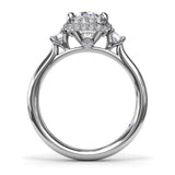 Three Stone Diamond Halo Engagement Ring