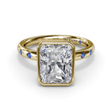 Bezel Set Radiant Diamond and Sapphire Engagement Ring