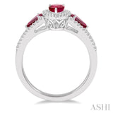 6X4 MM & 5X3 MM Triple Pear Shape Ruby and 1/5 Ctw Round Cut Diamond Precious Past Present and Future Ring in 10K White Gold