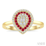 1/4 Ctw Pear Shape 1.25MM & 1.45MM Round Cut Ruby, Baguette and Round Cut Diamond Precious Fusion Ring in 14K Yellow Gold
