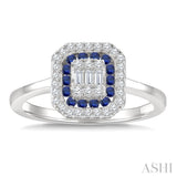 1/4 Ctw Octagonal Shape 1.35MM Round Cut Sapphire, Baguette and Round Cut Diamond Precious Fusion Ring in 14K White Gold
