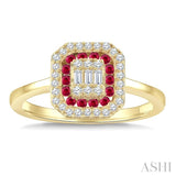 1/4 Ctw Octagonal Shape 1.35MM Round Cut Ruby, Baguette and Round Cut Diamond Precious Fusion Ring in 14K Yellow Gold