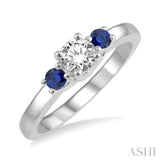 2.70 MM Round Shape Sapphire and 1/3 Ctw Past Present and Future Round Cut Diamond Precious Ring in 14K White Gold