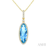 16X6 MM Oval Shape Blue Topaz and 1/5 Ctw Round Cut Diamond Semi-Precious Pendant With Chain in 10K Yellow Gold