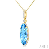 16X6 MM Oval Shape Blue Topaz and 1/5 Ctw Round Cut Diamond Semi-Precious Pendant With Chain in 10K Yellow Gold