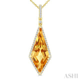 22X9 MM Kite Shape Citrine and 1/4 Ctw Round Cut Diamond Semi-Precious Pendant With Chain in 14K Yellow Gold