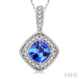 5x5 MM Cushion Shape Tanzanite and 1/5 Ctw Round Cut Diamond Pendant in 14K White Gold with Chain