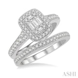 3/4 Ctw Baguette and Round Cut Diamond Bridal Set With 5/8 Ctw Cushion Shape Engagement Ring and 1/5 Ctw Wedding Band in 14K White Gold