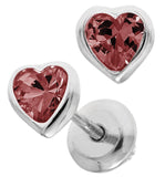 Sterling Silver Heart July Cubic Zirconia Earrings with Safety Backs