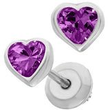 Sterling Silver February Heart Cubic Zirconia Earrings with Safety Backs