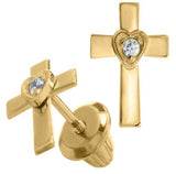 14 Karat Yellow Gold Cross Heart Cubic Zirconia Earrings with Safety Backs