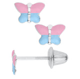 Sterling Silver Pink & Blue Epoxy Butterfly Earrings with Safety Backs