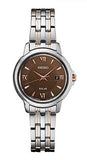 Ladies Solar/Eco-Dial Stainless Steel Silver & Rose Tone Bracelet & Case Brown Dial Rose Tone Hands & Markers Date Window Water Resistance 30m