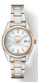 Ladies Quartz Stainless Steel Two Tone Bracelet & 29mm Case White Mother of Pearl Dial Date Window Luminescent Hands & Markers Water Resistance 100m