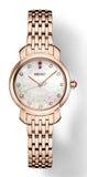 Ladies Essentials Special Edition Quartz Rose Gold-Tone Stainless Steel Bracelet and 29mm Case Floral Mother of Pearl Dial Crystal Markers with two Fuchsia Crystals at 12 o'clock Red Cabochon Crown Water Resistance 50m