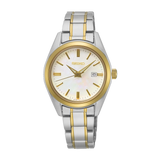 Ladies Essentials Quartz Two Tone Bracelet & Case Mother of Pearl Dial Date Window LumiBrite Hands Water Resistance 100m