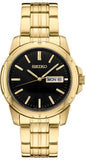 SEIKO
Brand: SEIKO CORP. OF AMERICA
Essentials Collection Black Dial 3 Hand Day/Date  Gold tone Stainless Steel Bracelet WR100M