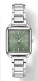 Ladies Essentials Quartz Stainless Steel Bracelet & 26mm Square Case Olive Green Dial Silver Tone Hands & Markers Water Resistance 50m
