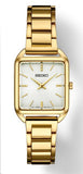Ladies Essentials Quartz Yellow Gold Tone Stainless Steel Bracelet & 26mm Square Case Silver Dial Gold Tone Hands & Markers Water Resistance 50m