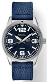 Men's Essentials Quartz Stainless Steel Case Blue Dial Luminescent Hands & Markers Day/Date Window Blue Nyon Strap Water Resistance 100m