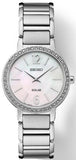 Ladies Essentials Solar Stainless Steel Bracelet & 30mm Case 45 Crystals on Bezel Mother of Pearl Dial Silver Tone Hands & Markers Water Resistance 30m