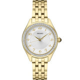 Ladies Essentials Yellow Tone Stainless Steel Bracelet & 29mm Case Crystal Bezel White Dial Gold Tone Hands & Numerals Cabochon Crown Water Resistance 50m
