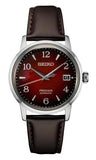 Men's Presage Automatic Stainless Steel 38mm Case Red Dial Date Windo Brown Leather Strap Water Resistance 50m