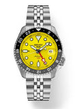 Men's 5 Sports   Automatic GMT   Stainless Steel Bracelet & 42mm Case     Yellow Dial Luminous Hands & Markers   Water Resistance  100m