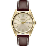 SEIKO
Brand: SEIKO CORP. OF AMERICA
Champagne Sunray Dial 3 Hand Day/Date  Brown Strap WR100M