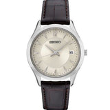 SEIKO
Brand: SEIKO CORP. OF AMERICA      
Antique White Dial 3 Hand Date Sapphire Crystal Brown Strap WR100M