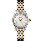 Ladies Essentials Quartz Two-toned Stainless Steel Bracelet & 26mm Case White Dial Gold Tone Hands & Markers 45 Crystals set on Bezel Water Resistance 50m