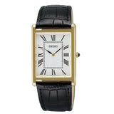 Men's  Quartz Yellow Tone Stainless Steel 27mm Case Black Leather Strap White Dial Black Roman Numerals Water Resistance 50m