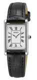 Women's  
Quartz 
Stainless Steel 19mm Case  
Black Leather Strap  
White Dial  
Black Hands & Roman Numerals  
Black Cabochon Crown  
Water Resistance 50m