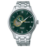 Men's Presage 
Automatic  
Stainless Steel Bracelet & 41mm Case 
Green Dial  
Silver Tone Hands & Roman Numerals  
 24 Hour Sub Dial
 Water Resistance 30m