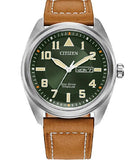 Men's Garrison  
Eco-Drive  
Super Titanium 42mm  Case  
Caramel Brown Leather Strap  
Green Dial  
Luminous Hands & Markers  
Day/Date Window