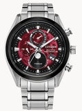 Tsuki-yomi A-T Eco-Drive Radio Control Silver Tone Super Titanium Case & Band Red Dial Day Date Moonphase Indicator Water Resistant 100m