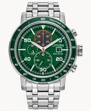 Brycen  Tachymeter
Eco Drive  
Stainless Steel Bracelet  & 44mm  Case Green Dial 
Luminous Hands  
Date Window
Water Resistance 100m