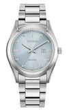 Women's Sport Luxury  
Eco-Drive  
Stainless Steel Bracelet & 33mm Case  
Light Blue Dial   8 Diamond Accents  
Silver Tone Hands & Markers  
Date Window  
Water Resistance 100m