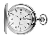 Charles Hubert Pocket Watch 
Silver Tone Satin Finish  
White Dial  Black Hands & Roman Numerals  
Day/Date  Window  
Engravable
